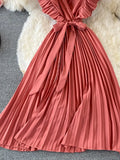Women Green/Red/Beige Pleated Midi Dress Vintage V-Neck Draped Party Robe Female Elegant Casual Vestidos New Fashion