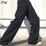 Women Pants Harajuku Black Solid All Match Womens High Waist Full Length Hip Hop Females Pockets Simple Hot Sale