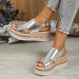 And Summer New Large-Size Hollow Fish Mouth Heel Sandals Women's Pine Cake Silver Bright Buckle Flat Women's