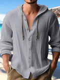 New Fashion Spring And Summer Men's Hooded Shirt Solid Cotton And Cotton Leisure Long-Sleeved