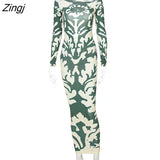 Women Printed Backless Long Dress Fashion Long Sleeve O-neck High Waist Bodycon Slim Dress for Spring