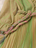 Autumn Women Mesh Pleated Long Dress Vintage Pink/Yellow/Brown V-Neck Flare Sleeve Draped Maxi Vestidos With Belt