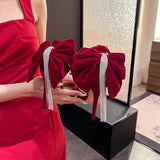 Red Bridal Wedding Shoes Fine Heel High Heels Women Beautiful Bows Water Drill Dress Single