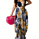 Zingj Fashion Summer Floral Print Halter Dress Casual Loose Sleeveless U-Neck Women's Dress-Outfit