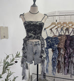 Real Shooting 2024 New Niche Babes Print Sling Vest Hem With Lotus Leaf Edge Sleeveless Top