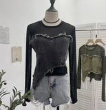 Feel Niche Cowboy Splicing Long-Sleeved Mesh T-Shirt Girl Summer Round Collar Dress Short Top
