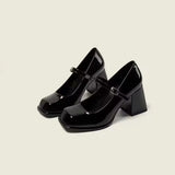 Heels Women Black College Style Small Leather Shoes Thick Heel With Square Thick Soles Of French Mary Treasure