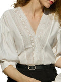 Retro White Lace Short-Sleeved Shirt Women Casual Niche Lotus Edge V-Neck Bubble