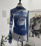 Pure Want To Play The Bottom Of The Long-Sleeved T-Shirt Design Hollow Print Irregular Mesh Yarn Personality Hottie Top