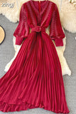 Embroidered Pleated Long Dress Vintage V-Neck Lantern Sleeve High Waist Draped Maxi Vestidos Female 2023