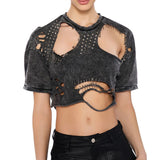 Zingj Fashion Wind Top 2024 New Fashion Round Collar Hole Pin Design Sense Short T-Shirt
