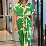 Summer Single Buckle Long Shirt Women's Printed Short-Sleeved