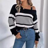 Shooting Autumn And Winter Casual Striped Striped Lantern Sleeve Metal Buckle Shoulder Cover Sweater Women's
