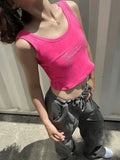 Rhinestone Letter Crop Tank Top-Outfit