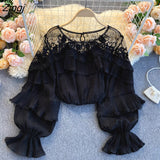 Elegant Design Lace Ruffled Shirts Women Sweet Korean Style Long Puff Sleeve Ladies Tops Female Spring Sexy White