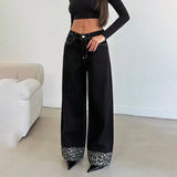 Straight Trousers Feet Spliced Leopard Trousers Babes Essential Personality Leopard Print Base Black High-Waisted Thin