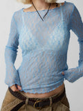 Women Lace Floral T-shirts Crop Tops Long Sleeve Slim Mesh Sheer See Through Tees Shirts Summer Party Streetwear 2025 211-0-Outfit