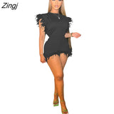 Women's 2 Piece Feather Tassel Matching Biker Suit T- Shirt + Pants Fitness Sportsuit Streetwear Clothes For Women
