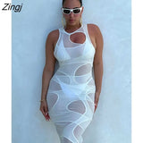 Sexy Hollow Out See Through Midi Dress Summer Women Skinny O Neck Sleeveless Dresses Elegant High Street Party