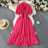 Rose Red/White Lace Hollow Out Party Long Dress Elegant Bow Collar Puff Short Sleeve High Waist A-Line Maxi Vestidos