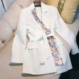 Autumn Women Irregular Splicing Silk Scarf Blazer Lady Office Slim Jacket Plus Size Solid Color Coat with Belt