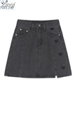Grey Color A Line Denim Skirt Women 2023 Summer New Streetwear Love Embroidery High Waist Split Mini Jeans Skirts