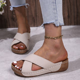 And Thick Bottom Slippers Women Large Size Round Head Leisure One Foot Pedal Solid Cross With Slope And Cool