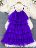 Cascading Ruffle Mesh Spaghetti Strap Mini Dress Women Purple/Green/Pink Sleeveless A-Line Vacation Beach Vestidos