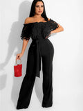 Women Off Shoulder Ruffle Jumpsuits Sexy Solid Mesh Sheer Sleeveless Backless High Waist Wide Leg Long Rompers