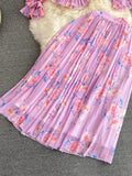 Floral Printed Two Piece Set Spring Autumn V-Neck Ruffle Draped Flare Sleeve Chiffon Blouse+High Waist Pleated Skirt