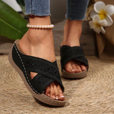 Thick Bottom Hollow Cross-Slippers Female Slope And Embroidered Beach Fish Mouth Side Empty Toe Cool