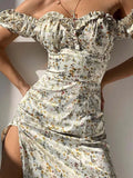 neck Floral Print Split Beach Dress Women Summer Elegant Ruffles Party Long Dress Vestidos