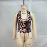 Zingj Women's New Leopard Print Hanging Neck Sleeveless Back V-Neck Short Small Vest