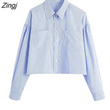 Women Simply Solid Color Double Pockets Patch Short Shirts Office Lady Long Sleeve Blouse Roupas Chic Chemise Tops