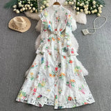 Court High-Grade Shattered Floral Dress Women Summer Horn Cuff Belt Thin Design Super Fairy Temperament