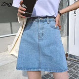 Womens Summer A-Line High Waist Button Zipper Solid Mini Denim Vintage Elegant Simple Chic Casual Basic All-match
