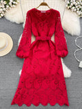 Autumn Red/Yellow/Purple/Blue Hollow Out Embroidered Long Dress Women Vintage V-Neck Puff Sleeve Party Maxi Vestidos