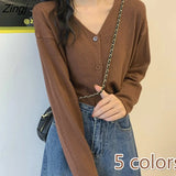 Women Elegant Soft Autumn Chic Ulzzang Basic V-neck Ladies Outerwear Single Breasted Vintage Simple Mujer Sweaters