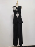 Sets Of 2025 Autumn And Winter New Sleeveless Nail Drill Flower Top High Waist Broad Leg Trousers Set