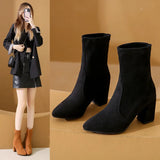 Large-Size High-Heeling Short-Sleesize Boots Women's Elastic Cloth Velvet With Coarse And Pointed Bare