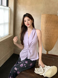 Xixi 2025 Summer New Thin Temperament With Pure Color Kinky Sky Silk Shirt Small Vest Top