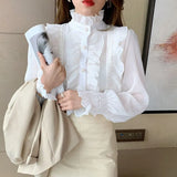 Ruffle Lace Chiffon Shirt Spring Sweet Chic Long Puff Sleeve Women Blouse Apricot Tops Stand Collar Clothes Blusas