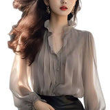 Autumn Alone Special To The Lotus Leaf Collar Beautiful Little Shirt Female Mogo Fish Creation French Lantern Sleeve Pure Color Chiffon