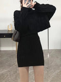Winter Loose Elegant Outfit Highneck Cropped Pullover Sweater and Elastic Waist Mini Skirt Slim Warm Knitting 2 Piece