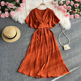 Zingj Temperament Fashion V Collar Fly Sleeve Dress Simple Pure Color Waist Belt Pleated Long