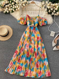 Summer Women's Spaghetti Strap Long Dress Bohemian Vacation Beach Party Pleated Vestidos Female New Fashion