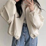 Zingj Wind Chic Autumn Niche Handsome Stand Collar Zipper Large Pocket Design Draw Rope Tie Motorcycle Leather Coat