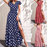 Spot 2025 Summer New Women's Fashion V-Neck Short Sleeve Side Slit In The Long Polka Dot