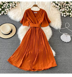 New V-Neck Short-Sleeved Dress Over Knee-Repaired Lady's Waist Tie Mid-Slap