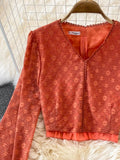 Lace Two Piece Set Vintage V-Neck Puff Long Sleeve Short Blouse + High Waist A-Line Ruffle Skirt Female
